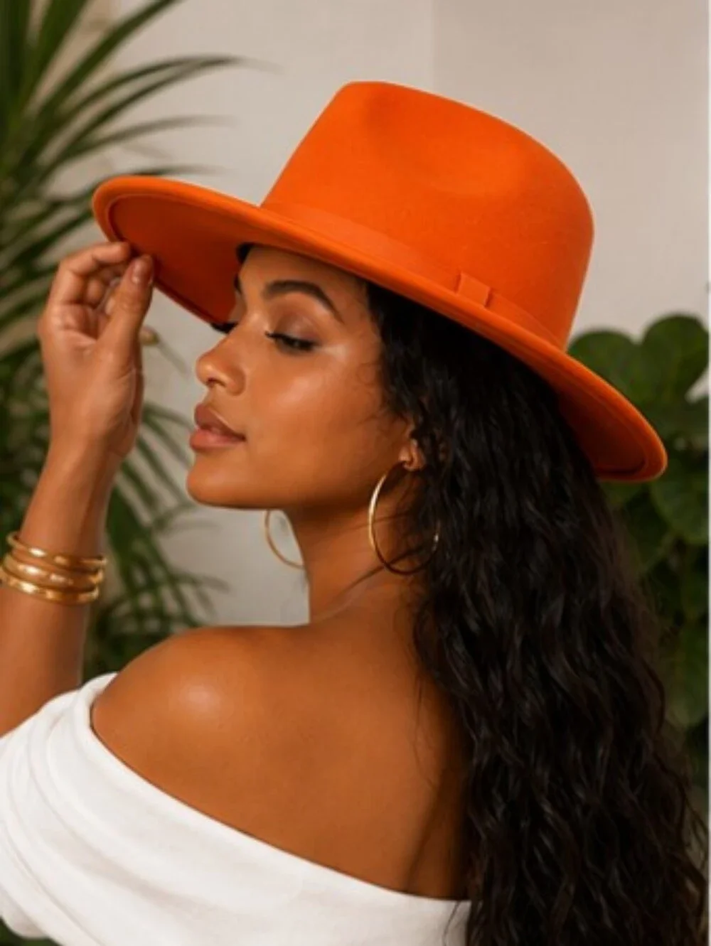 Wide-Brim Felt Fedora Hat in Vibrant Orange